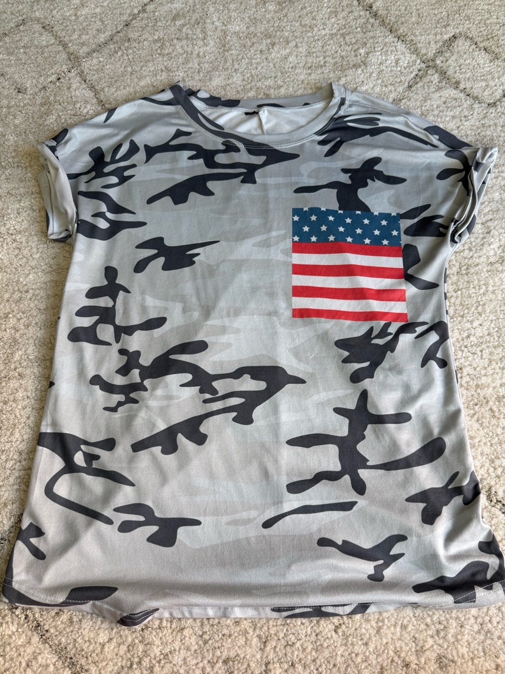 Gray Camo Short Sleeve Top with American Flag Pocket Size S